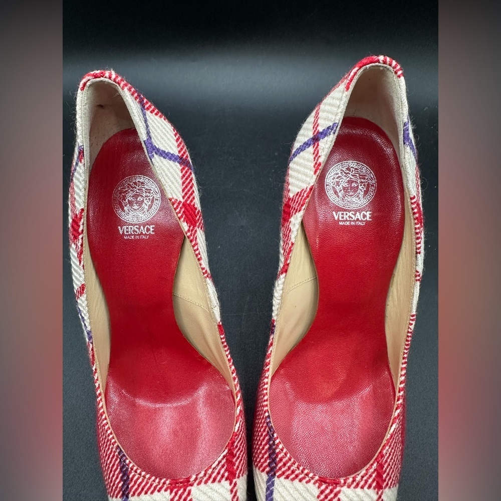 Versace Plaid Check Fabric Pointed Toe Pumps Size 37.5 Metallic Heel Italy - Picture 7 of 7